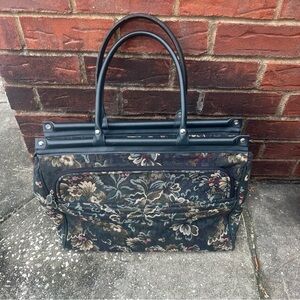 Vintage Atlantic Tapestry Weekender Travel Bag Floral Pattern Leather Trim Green
